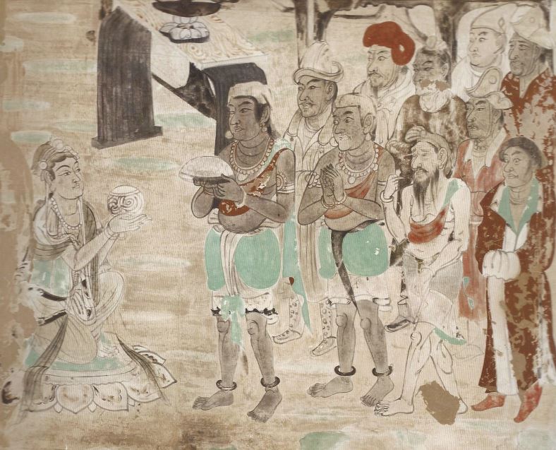 "Herrscher aus den Ländern entlang der Seidenstraße bei der Audienz. Wandmalerei aus dem 8. Jh. in der Höhle 103 in Dunhuang (China)."